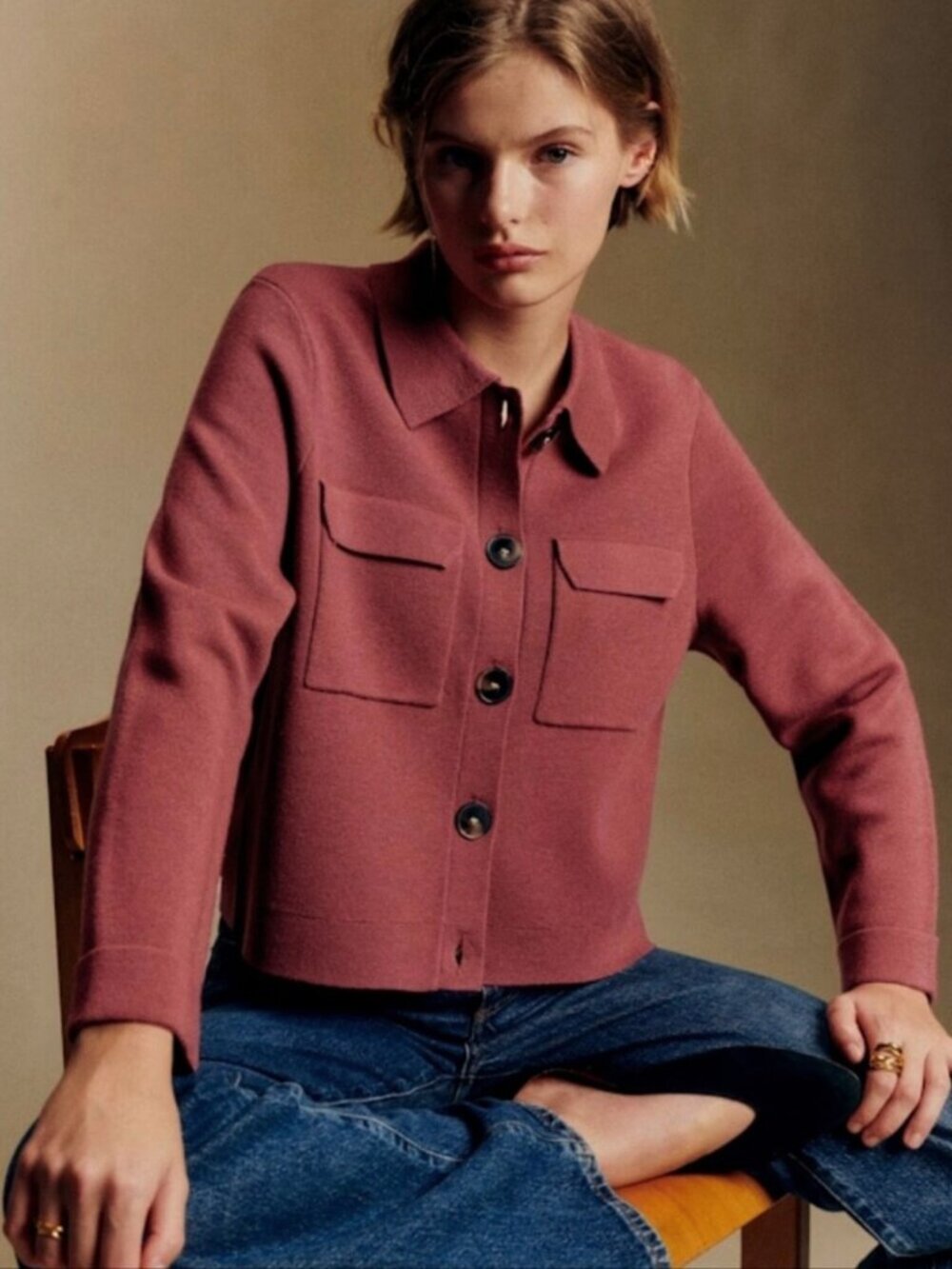 New Sezane Betty 100% Merino Wool Cardigan Jacket Rosewood Pink Medium